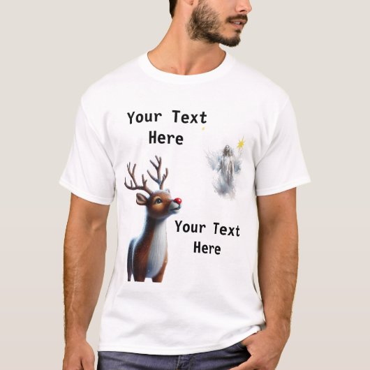 サンタのトナカイがキリストを見上げるクリスマス トナカイ Tシャツ (正面)