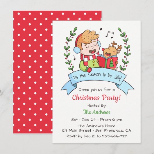 サンタのトナカイと歌う可愛い少年 クリスマスパーティー 招待状 (正面/裏面)