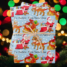 サンタのトナカイに子供の名前を入れたクリスマス 3 ラッピングペーパーシート
