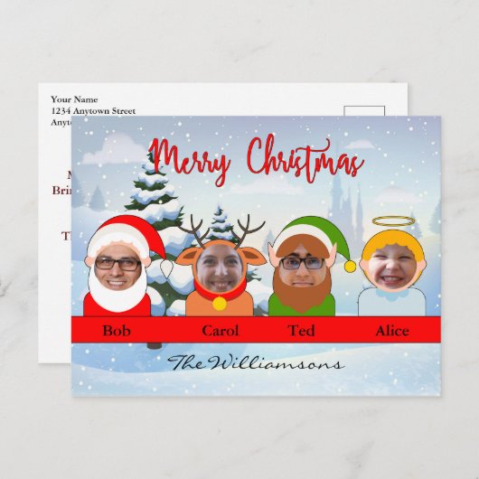 サンタのトナカイのエルフと天使の家族写真 ポストカード (正面/裏面)