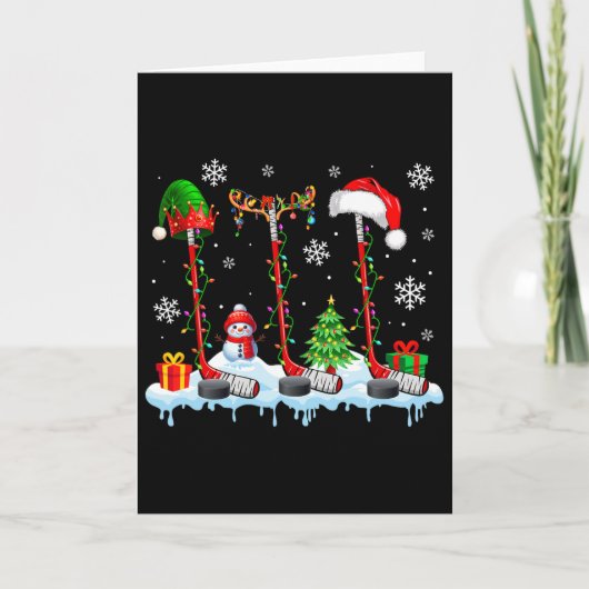 サンタのトナカイのエルフ3匹 クリスマスのホッケー道具 カード (正面)