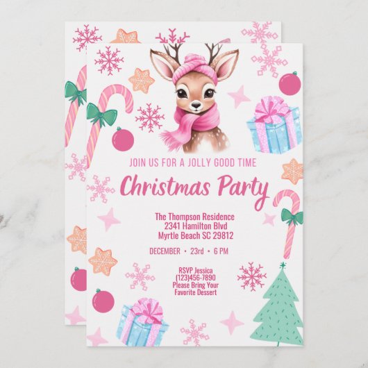  サンタのトナカイのクリスマスパーティー ピンク 招待状 (正面/裏面)