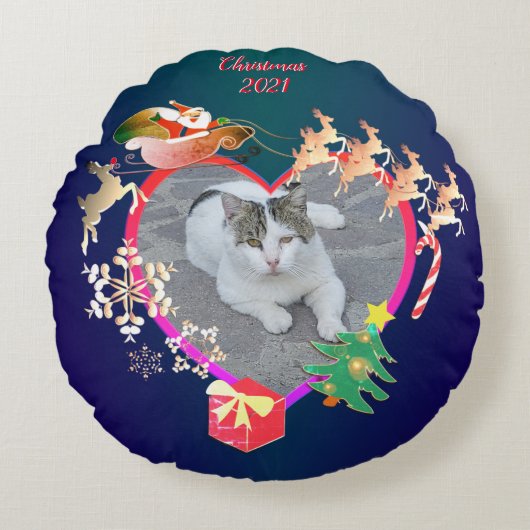 サンタのトナカイの写真ハートフレーム円枕 ラウンドクッション (正面)