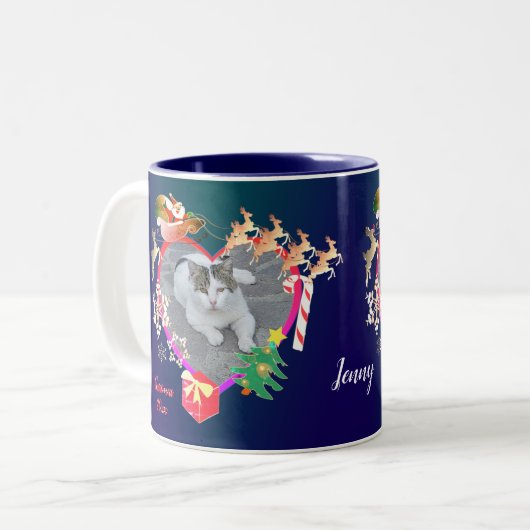 サンタのトナカイの写真ハート枠 ツートーンマグカップ (正面左)