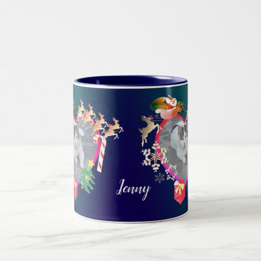 サンタのトナカイの写真ハート枠 ツートーンマグカップ (中央)