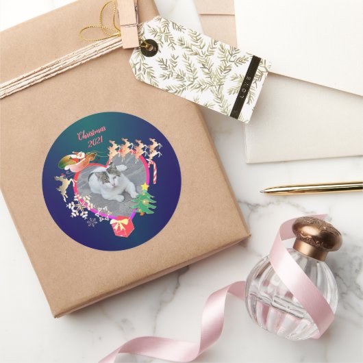 サンタのトナカイの写真ハート枠 ラウンドシール (ギフト)