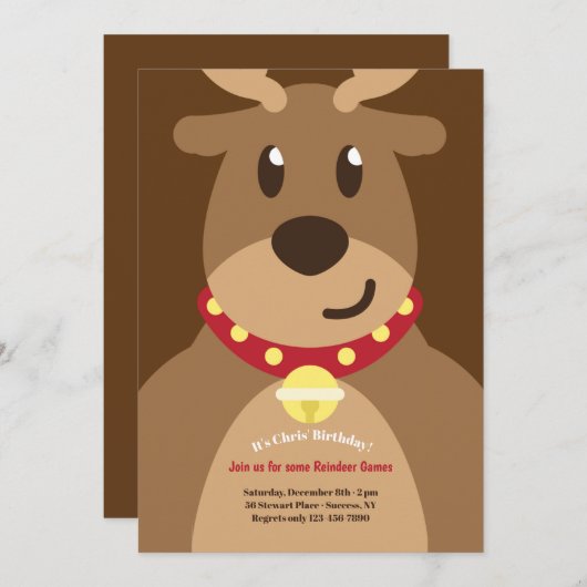 サンタのトナカイ誕生日パーティーへの招待 招待状 (正面/裏面)