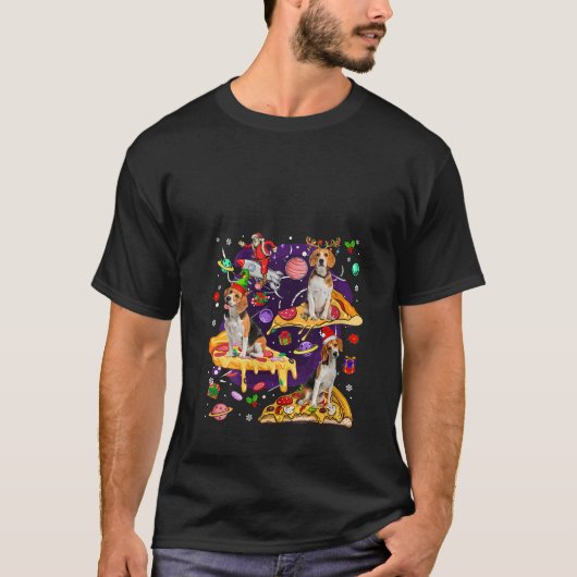 サンタのトナカイ+エルフ+ビーグル乗馬ピザ 女性用 Tシャツ (正面)