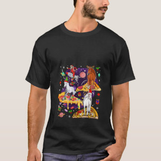 サンタのトナカイ+エルフ+馬に乗る女性ピザ Tシャツ