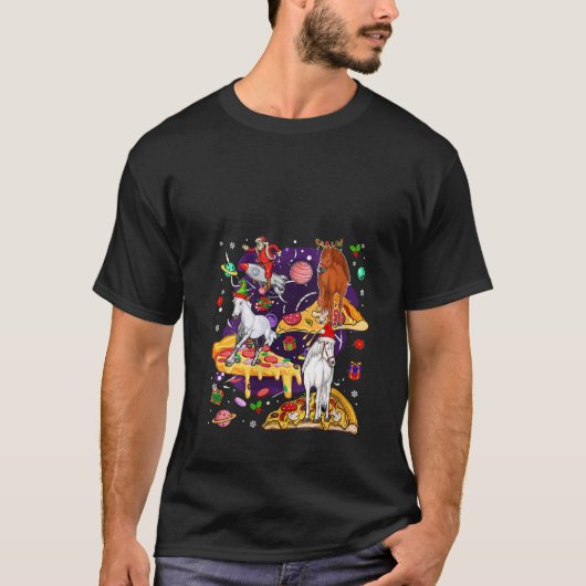 サンタのトナカイ+エルフ+馬に乗る女性ピザ Tシャツ (正面)