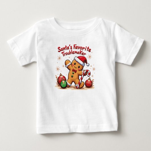 サンタのトラブルお気に入りのメーカー子供のクリスマスシャツ ベビーTシャツ (正面)