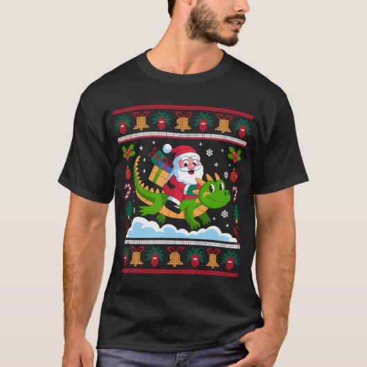 サンタのドラゴン乗りクリスマスデザイン Tシャツ (正面)