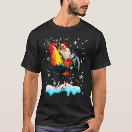 サンタのハムスターがニワトリトナカイに乗るクリスマス Tシャツ (正面)