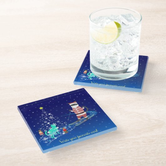 サンタのハート温暖化夜 ガラスコースター (アングル)