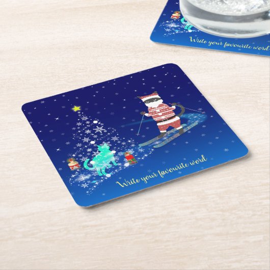 サンタのハート温暖化夜 スクエアペーパーコースター (アングル)