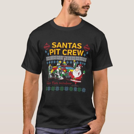 サンタのピット・クルーのレースカーが醜いクリスマス Tシャツ (正面)