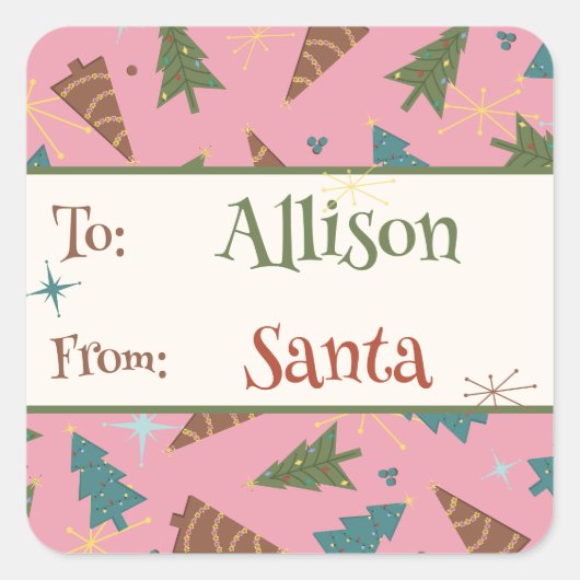 サンタのピンクのクリスマスギフトステッカー スクエアシール (正面)