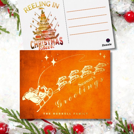 サンタのフィッシングスレイ クリスマスグリーティング 箔シーズンポストカード