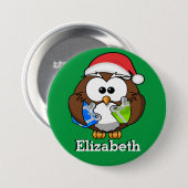 サンタのフクロウのクリスマスのストッキングの名札 缶バッジ (正面&裏面)