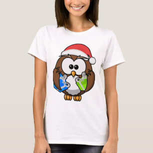 サンタのフクロウの女性ワイシャツ Tシャツ