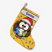 サンタのフクロウ及びクリスマスの照明 スモールクリスマスストッキング (正面 (吊り時))