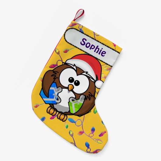 サンタのフクロウ及びクリスマスの照明 スモールクリスマスストッキング (正面 (吊り時))