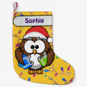 サンタのフクロウ及びクリスマスの照明 スモールクリスマスストッキング (正面)