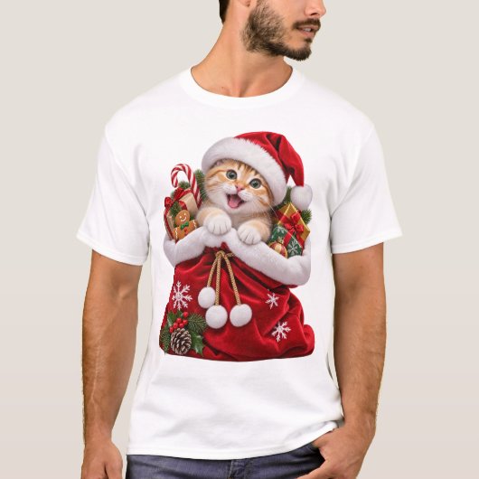 サンタのプレゼント袋の中の猫 Tシャツ (正面)