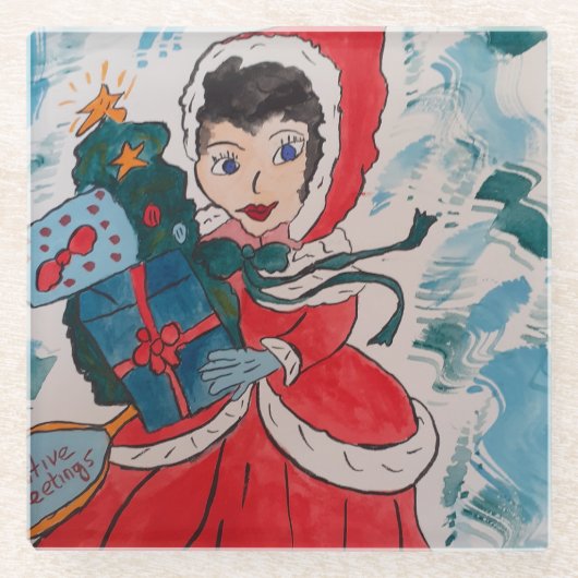 サンタのヘルパーのクリスマスグラスのコースター ガラスコースター (正面)