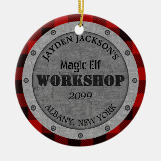 サンタのヘルパー・ワークショップがマンケイブを流す セラミックオーナメント