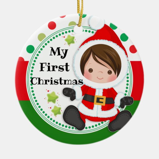サンタのベビー私の最初第1クリスマス セラミックオーナメント (正面)