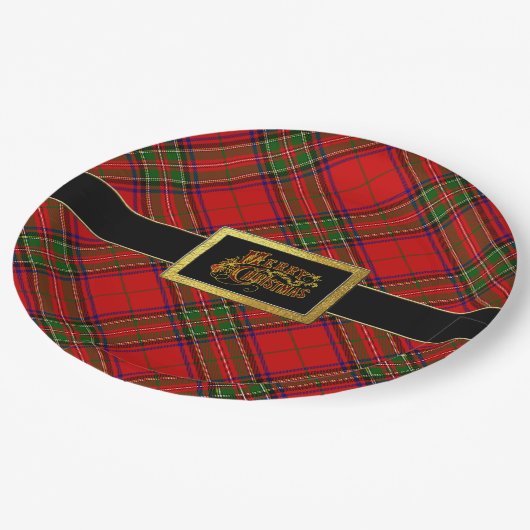 サンタのベルトのメリークリスマスのタータンチェック格子縞 ペーパープレート (アングル)