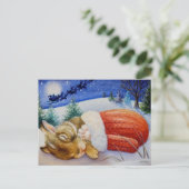 サンタのミッテン水彩画で眠るウサギ ポストカード (スタンド正面)