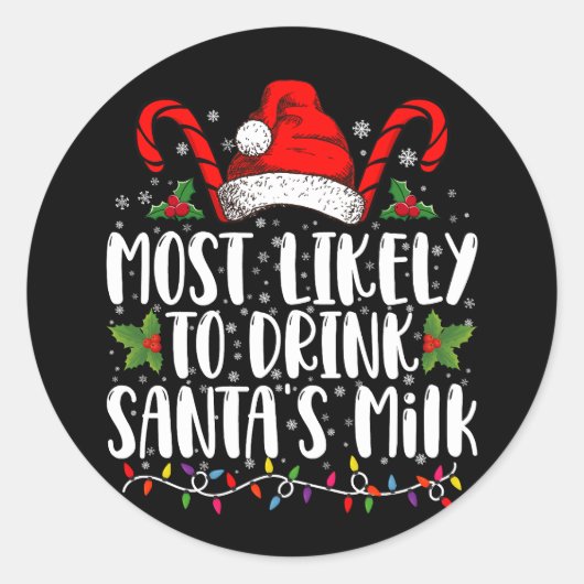 サンタのミルクを飲みそうな面白いクリスマス ラウンドシール (正面)