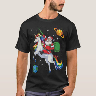 サンタのユニコーン乗り物 クリスマス ギフト レインボー スペース Tシャツ