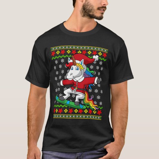 サンタのユニコーン スノーボード クリスマス スノーボード Tシャツ (正面)