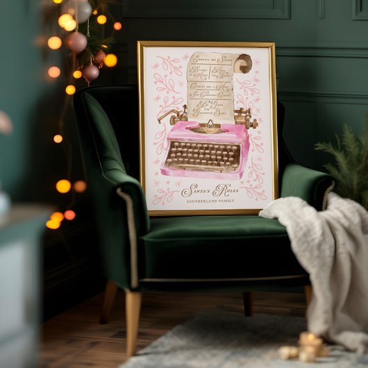 サンタのルールレトロ水彩ピンクタイプライター ポスター