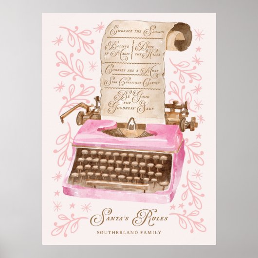 サンタのルールレトロ水彩ピンクタイプライター ポスター (正面)