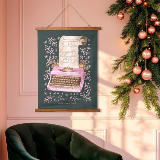 サンタのルールレトロ水彩ピンクタイプライター 吊り下げ型タペストリー