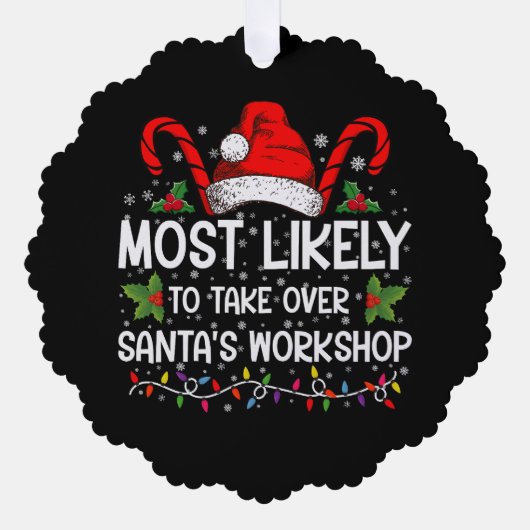 サンタのワークショップクリスマスを引き継ぐ可能性が最も高い オーナメントカード (正面)