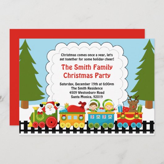 サンタの列車のクリスマスのパーティの招待状 招待状 (正面/裏面)