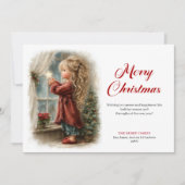 サンタの到着を今か今かと待ちわびる、懐かしい気持ちの小さな少女のクリスマス シーズンカード (正面)