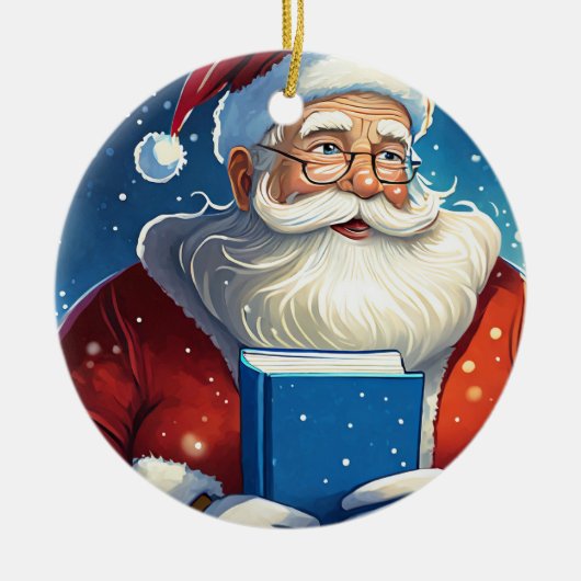 サンタの大きな本のクリスマス セラミックオーナメント (正面)