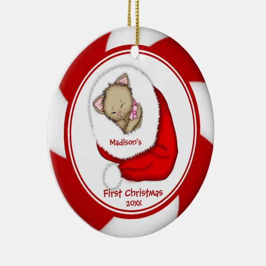 サンタの子ネコのベビーの初めてのクリスマスのオーナメント セラミックオーナメント (右)