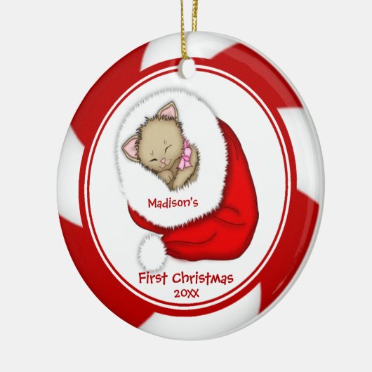 サンタの子ネコのベビーの初めてのクリスマスのオーナメント セラミックオーナメント (左)