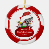 サンタの子ネコのベビーの初めてのクリスマスのオーナメント セラミックオーナメント (正面)