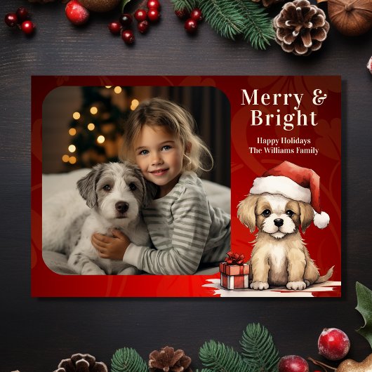 サンタの子犬メリーと明るい写真犬のクリスマス シーズンカード