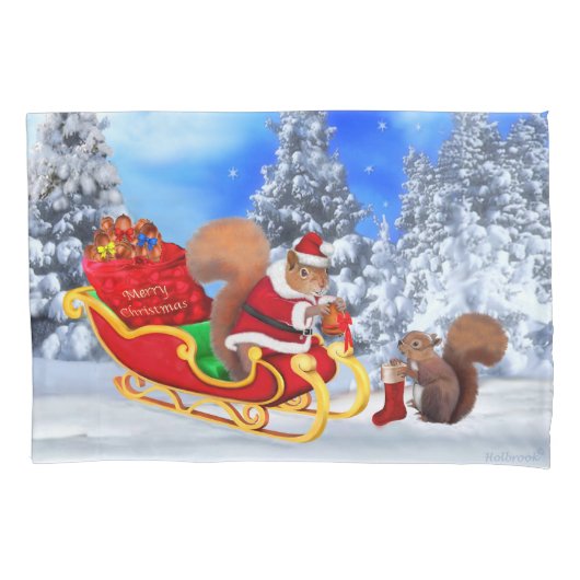 サンタの小さな助っ人とサンタからメリークリスマス 枕カバー (正面)