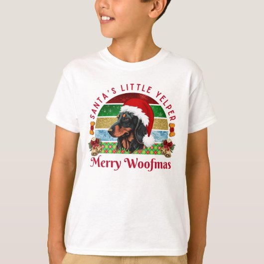 サンタの小さな吠える子、面白いダックスフントのクリスマス Tシャツ (正面)