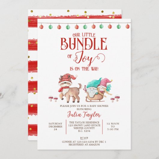 サンタの小さな喜びの束、冬の赤ちゃんシャワー 招待状 (正面/裏面)